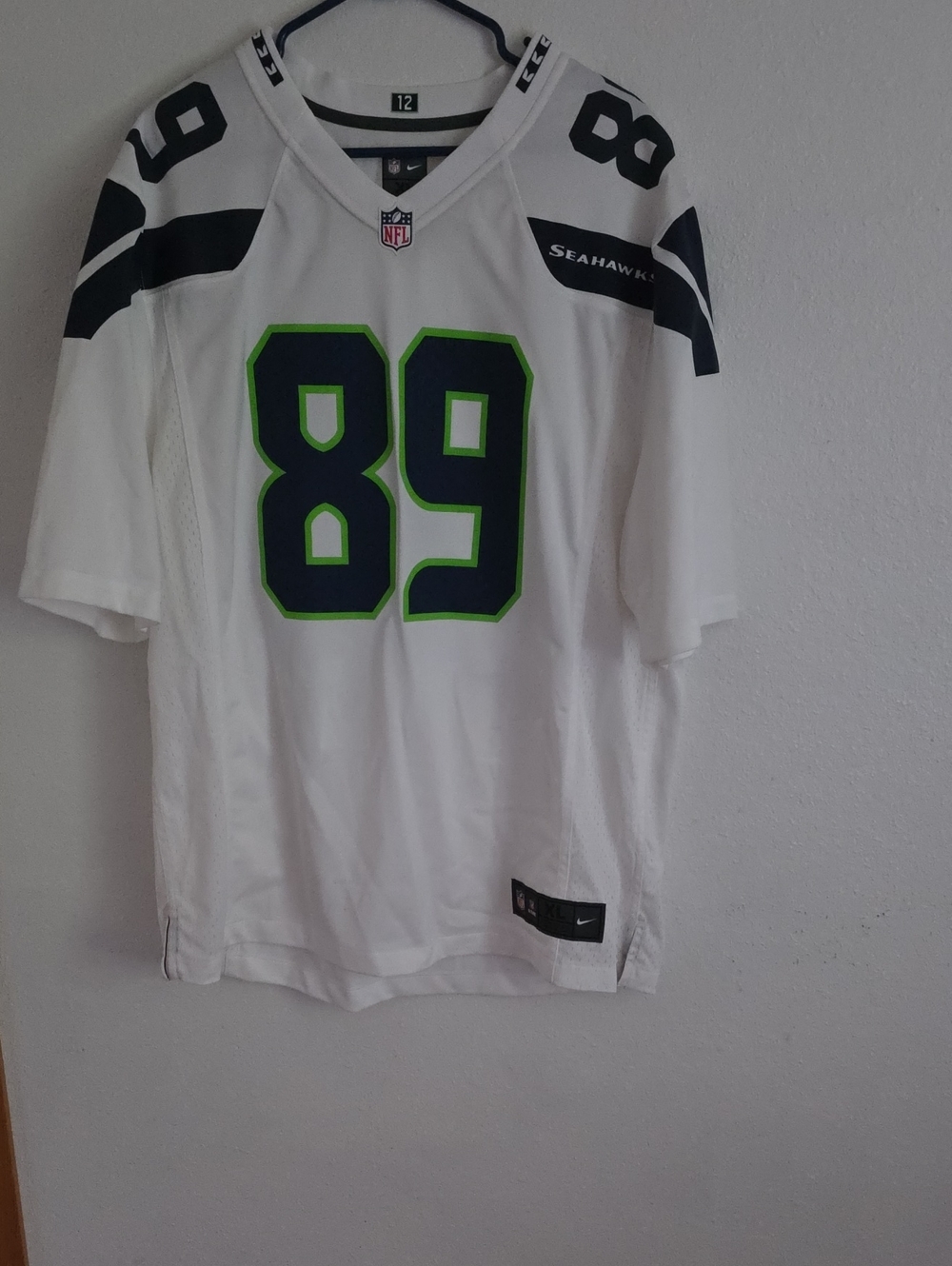 Nike White Seahawks #89 Football Jersey with Navy and Neon Green Accents